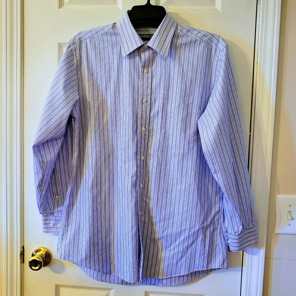 BEAUTIFUL EUC Sz 16 neck 33 sleeve Kirkland Signature/Blue White Pink Pinstripes